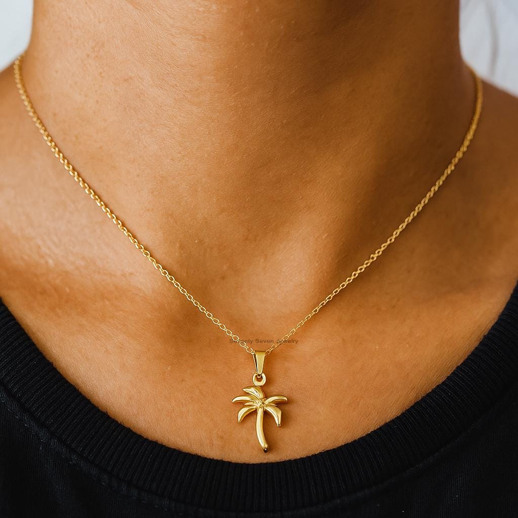 14k Gold Plated Palm Tree Necklace: Sterling Silver Plant Charm - View 3 - Seventy Seven Jewelry | SKU: SSMJP 14k Gold Plated Palm Tree Necklace: Sterling Silver Plant Charm - View 3 - Seventy Seven Jewelry | SKU: SSMJP