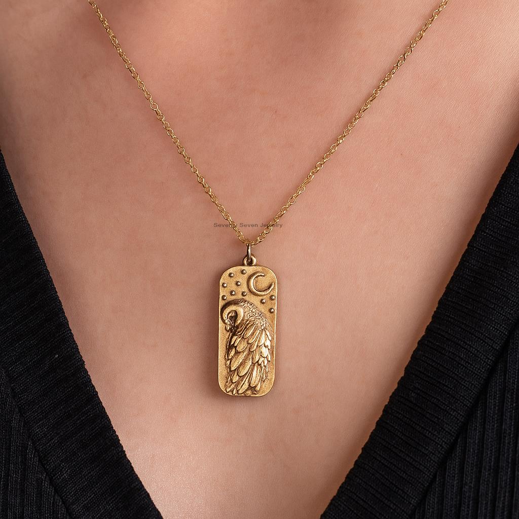 14K Gold Plated Owl Necklace, Sterling Silver Bird Pendant - View 2 - Seventy Seven Jewelry | SKU: SSMJP 14K Gold Plated Owl Necklace, Sterling Silver Bird Pendant - View 2 - Seventy Seven Jewelry | SKU: SSMJP