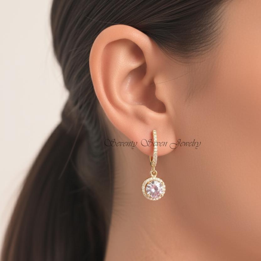 14K Gold Lab-Grown Diamond Halo Earrings | Petite Dangle Drop - View 3 - Seventy Seven Jewelry | SKU: SSMJE1500- 14K Gold Lab-Grown Diamond Halo Earrings | Petite Dangle Drop - View 3 - Seventy Seven Jewelry | SKU: SSMJE1500-