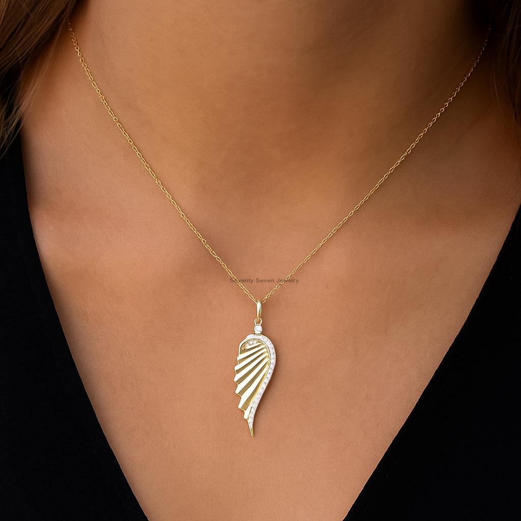 14K Gold Plated Wing Pendant, CZ Gemstone, Angel Charm - View 2 - Seventy Seven Jewelry | SKU: SSMJP- 14K Gold Plated Wing Pendant, CZ Gemstone, Angel Charm - View 2 - Seventy Seven Jewelry | SKU: SSMJP-