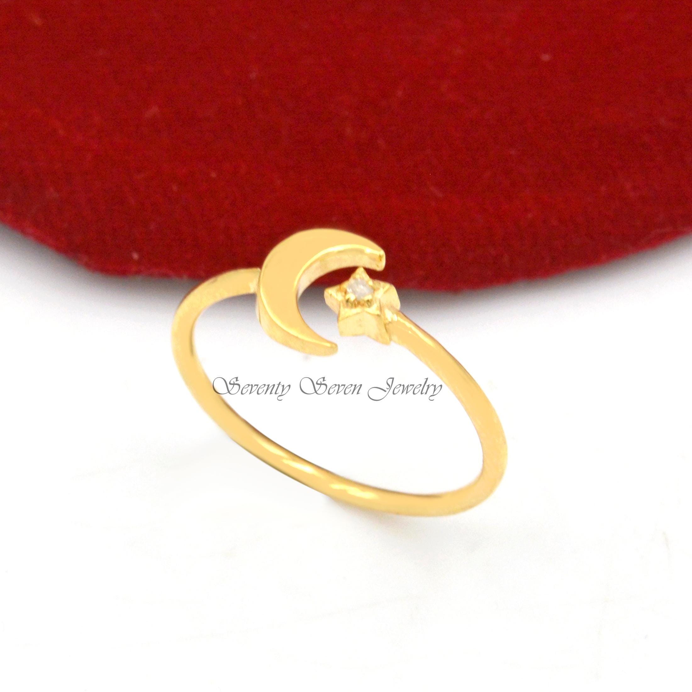 14k Gold Diamond Moon and Star Ring: Adjustable Celestial Jewelry - View 4 - Seventy Seven Jewelry | SKU: SSMJR628-14KYGDI-20 14k Gold Diamond Moon and Star Ring: Adjustable Celestial Jewelry - View 4 - Seventy Seven Jewelry | SKU: SSMJR628-14KYGDI-20