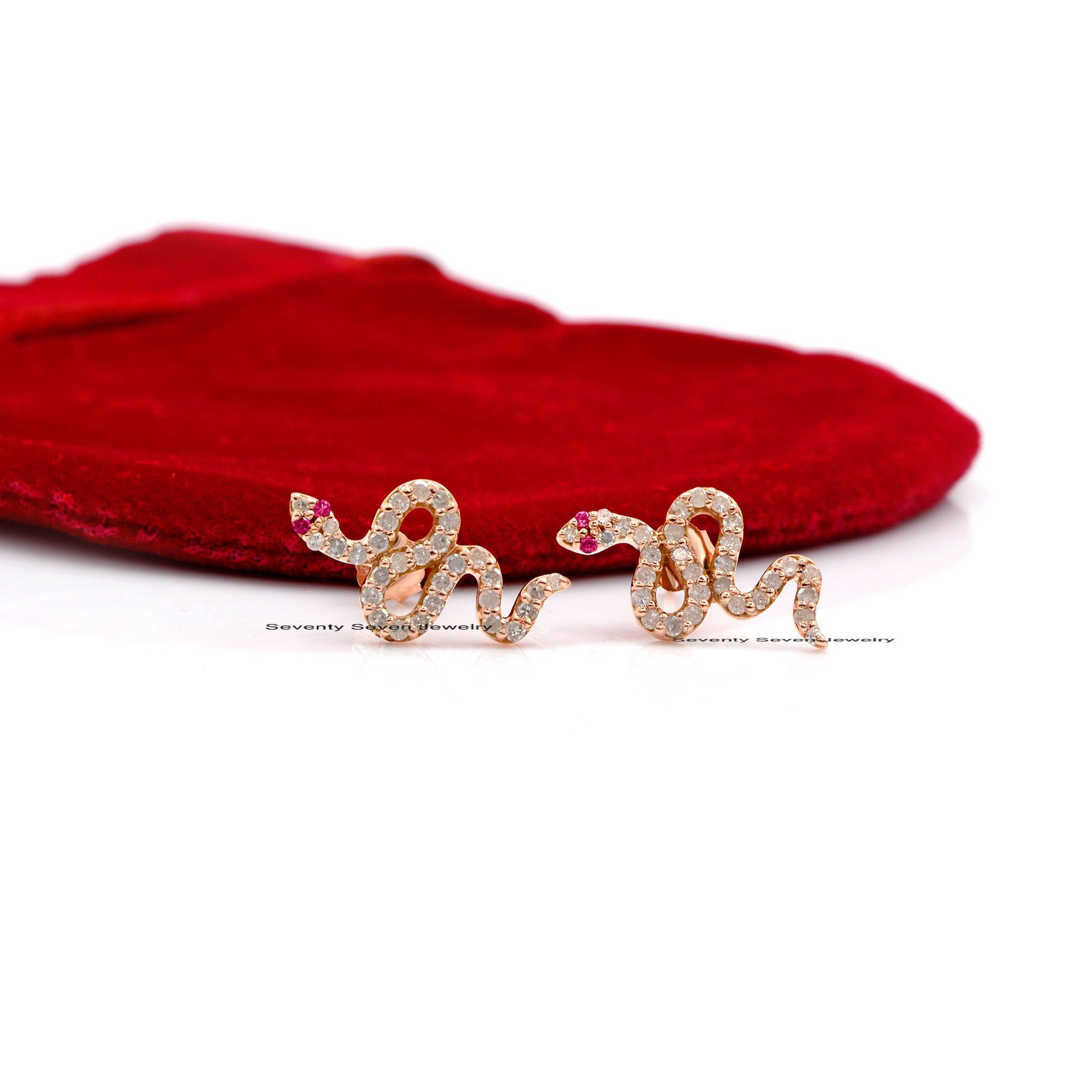 14k Gold Diamond Snake Studs: Dainty Serpent Earrings - View 6 - Seventy Seven Jewelry | SKU: SSMJE341-14KYGDIRU-2026 14k Gold Diamond Snake Studs: Dainty Serpent Earrings - View 6 - Seventy Seven Jewelry | SKU: SSMJE341-14KYGDIRU-2026