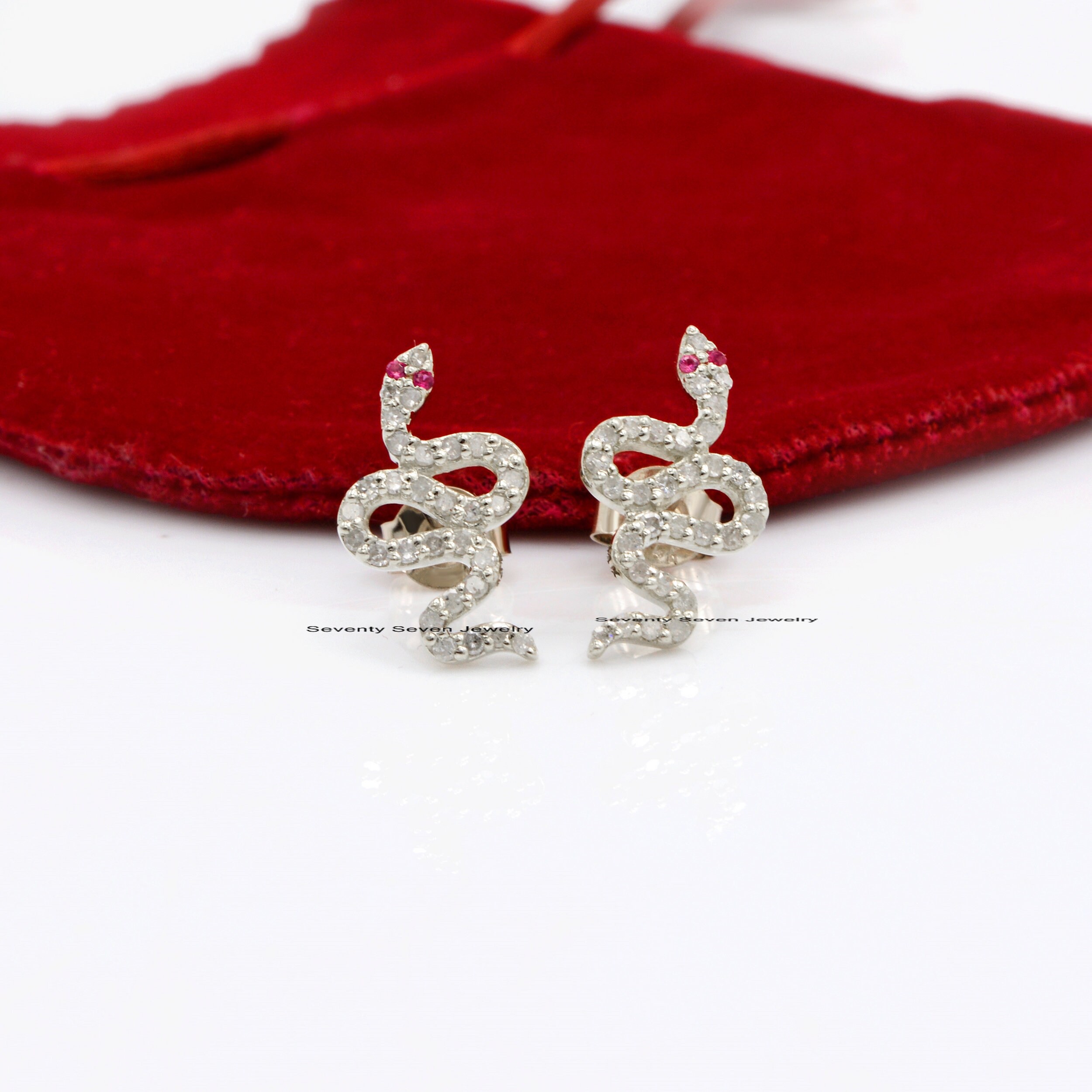 14k Gold Diamond Snake Studs: Dainty Serpent Earrings - View 7 - Seventy Seven Jewelry | SKU: SSMJE341-14KYGDIRU-2026 14k Gold Diamond Snake Studs: Dainty Serpent Earrings - View 7 - Seventy Seven Jewelry | SKU: SSMJE341-14KYGDIRU-2026
