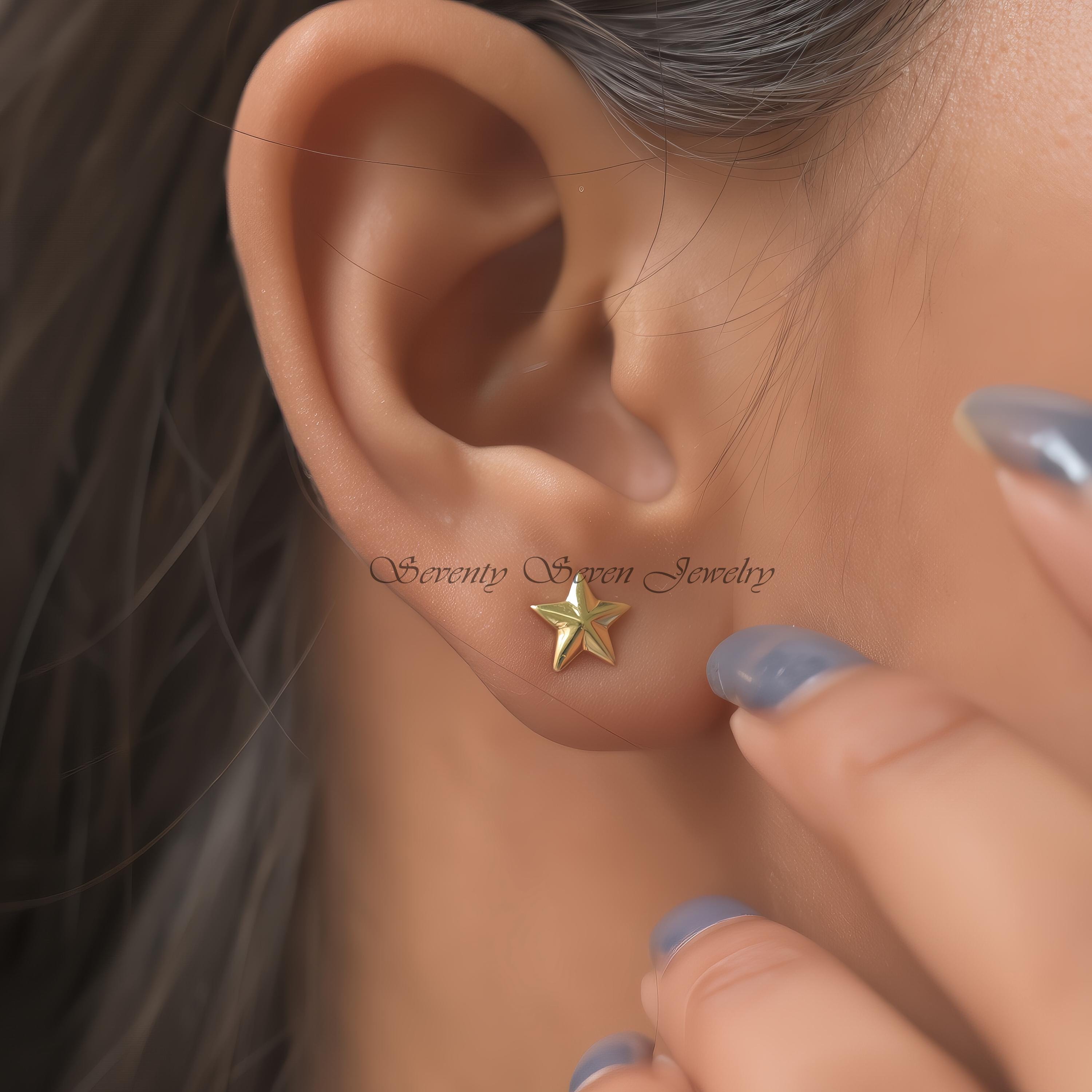 14K Gold Star Stud Earrings, Minimalist Starburst Jewelry, Everyday Dainty Studs - View 6 - Seventy Seven Jewelry | SKU: SSMJ 14K Gold Star Stud Earrings, Minimalist Starburst Jewelry, Everyday Dainty Studs - View 6 - Seventy Seven Jewelry | SKU: SSMJ