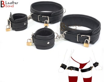 7 pc Padded Leather ankle collar cuffs set w/custom collar & locking wrist