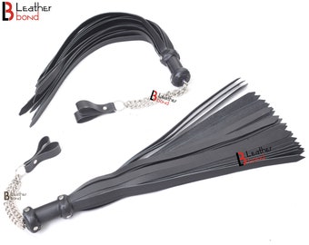 Real Genuine Cowhide Leather Finger Loop Flogger 25 Falls Black Heavy Duty Thuddy Flog whip