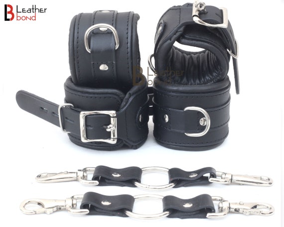 Quality Real Leather Black Ankle And Wrist Restraints Set 