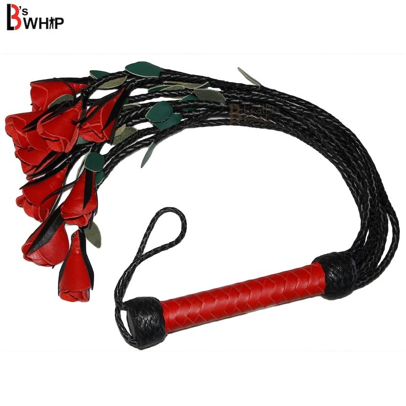 Real Genuine Cow Hide Leather Flogger 9 Braided Falls & Red Rose Heavy Duty Cat-o-nine Tails Flogger 