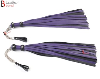 Real Genuine Cowhide Leather Finger Loop Flogger 25 Falls Purple Black Heavy Duty Thuddy Flog whip