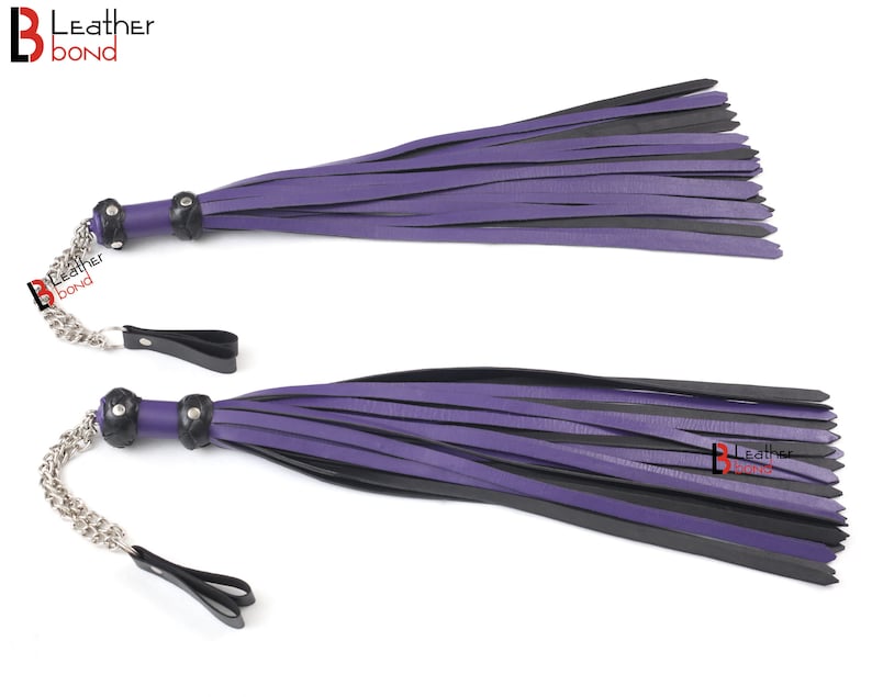 Real Genuine Cowhide Leather Finger Loop Flogger 25 Falls Purple Black Heavy Duty Thuddy Flog whip 