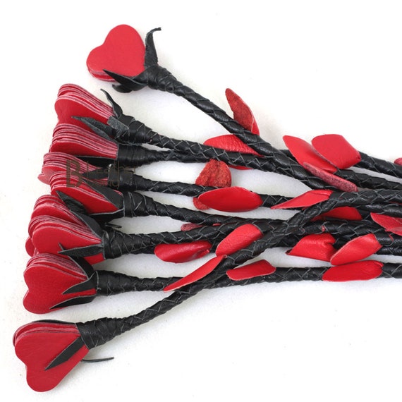 Real Genuine Cow Hide Leather Flogger 9 Braided Falls with Red Hearts Heavy Duty 