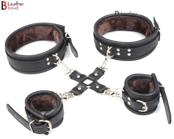 Natural Cow Hide Leather Padded 7 Pieces Wrist Ankle Thigh Cuffs Set & Collar 