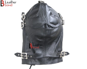 Genuine Cowhide Leather Mask Hood Costume Reenactment Gear remove-able Blindfold & mouth cover