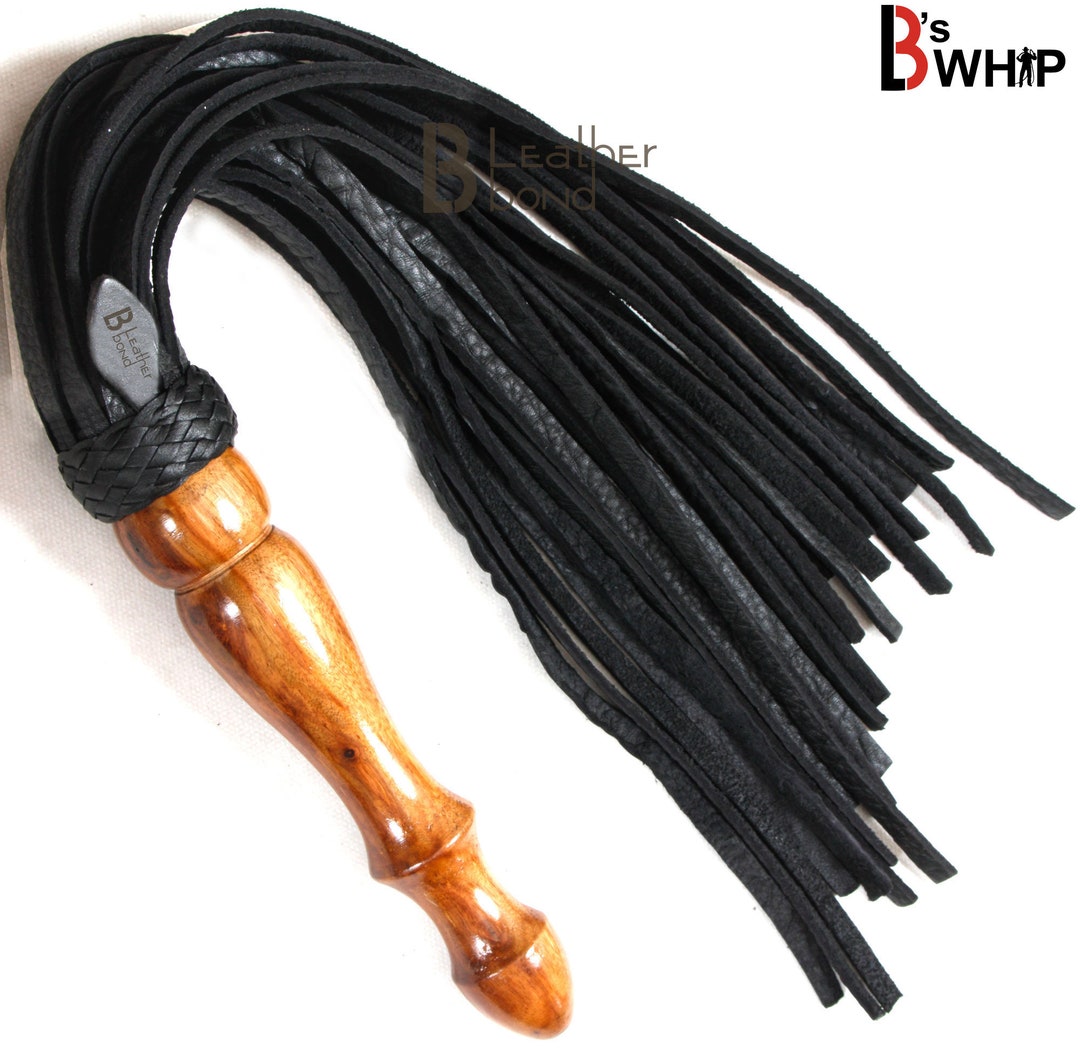 Flogger En Cuir Véritable Fait Main – 6 Lanières Tressées Avec Roses – Noir