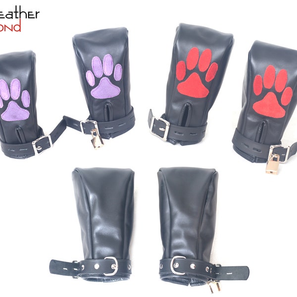 Real Cow Hide Leather Fist Mitts Gloves Restraint Bondage Lockable 2 Pieces Red Black Purple Black Full Black