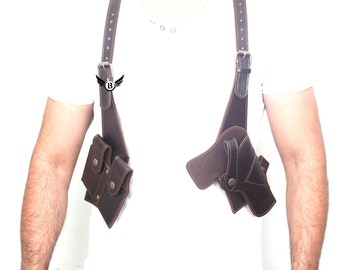 Handmade Leather Vertical Concealed Holster with Double Mag for Right and Left Handers, Concealed Carry (Brown) Universal Size