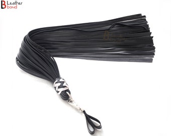 Real Genuine Cow Hide Leather Finger Flogger 50 Falls Black Heavy Duty Thuddy Flog whip