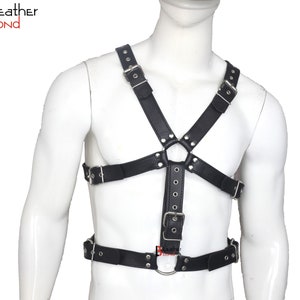 Gold Buckles Double Belt Harness, Black Leather Body Fashion