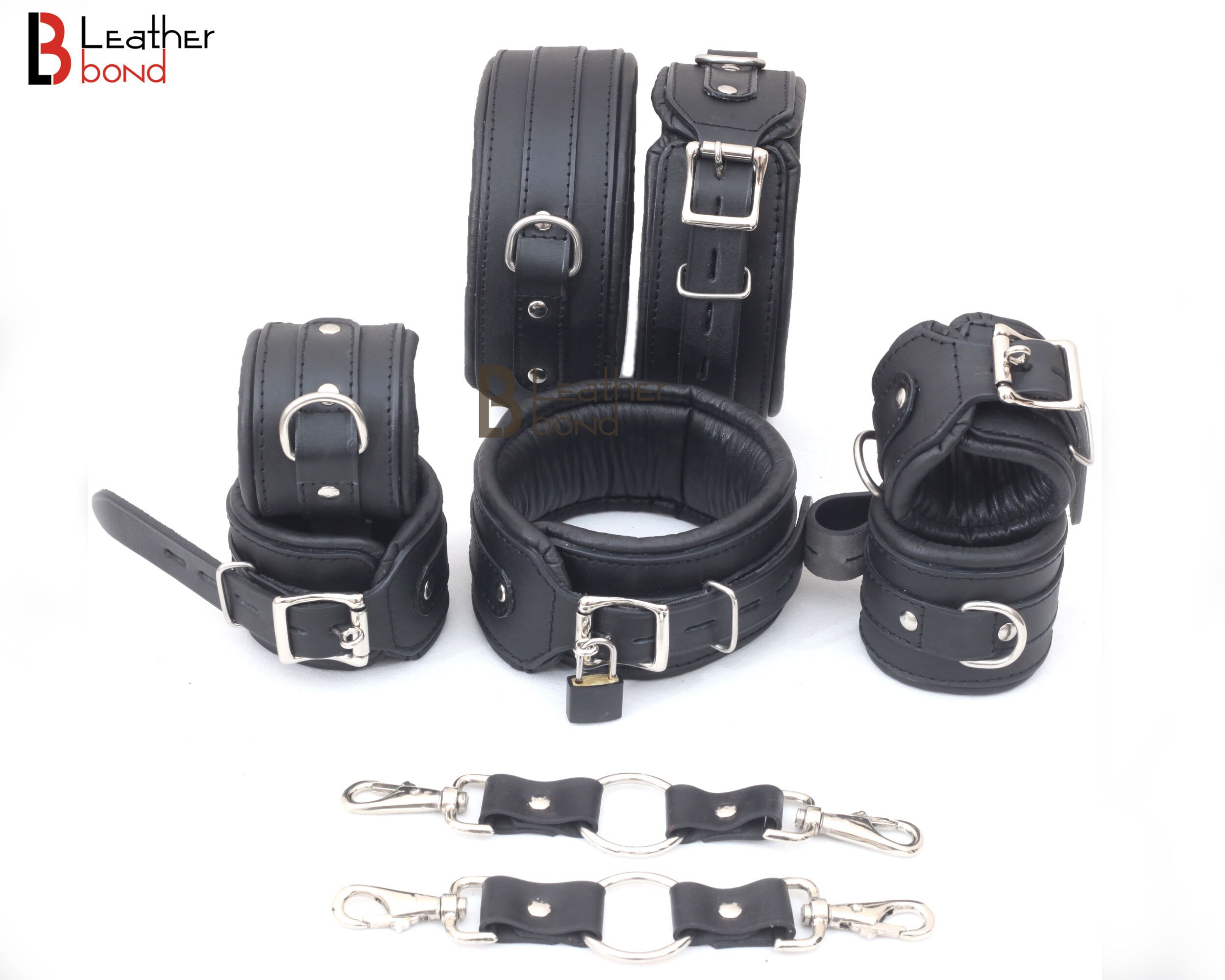 Genuine Ankle Cuffs and Neck Collar Set Real Leather Padded Round Shape Wrist 