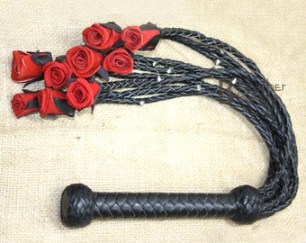 Real Genuine Cow Hide Leather Flogger 9 Braided Falls Heavy Roses & Steel Studs Cat-o-nine Tails