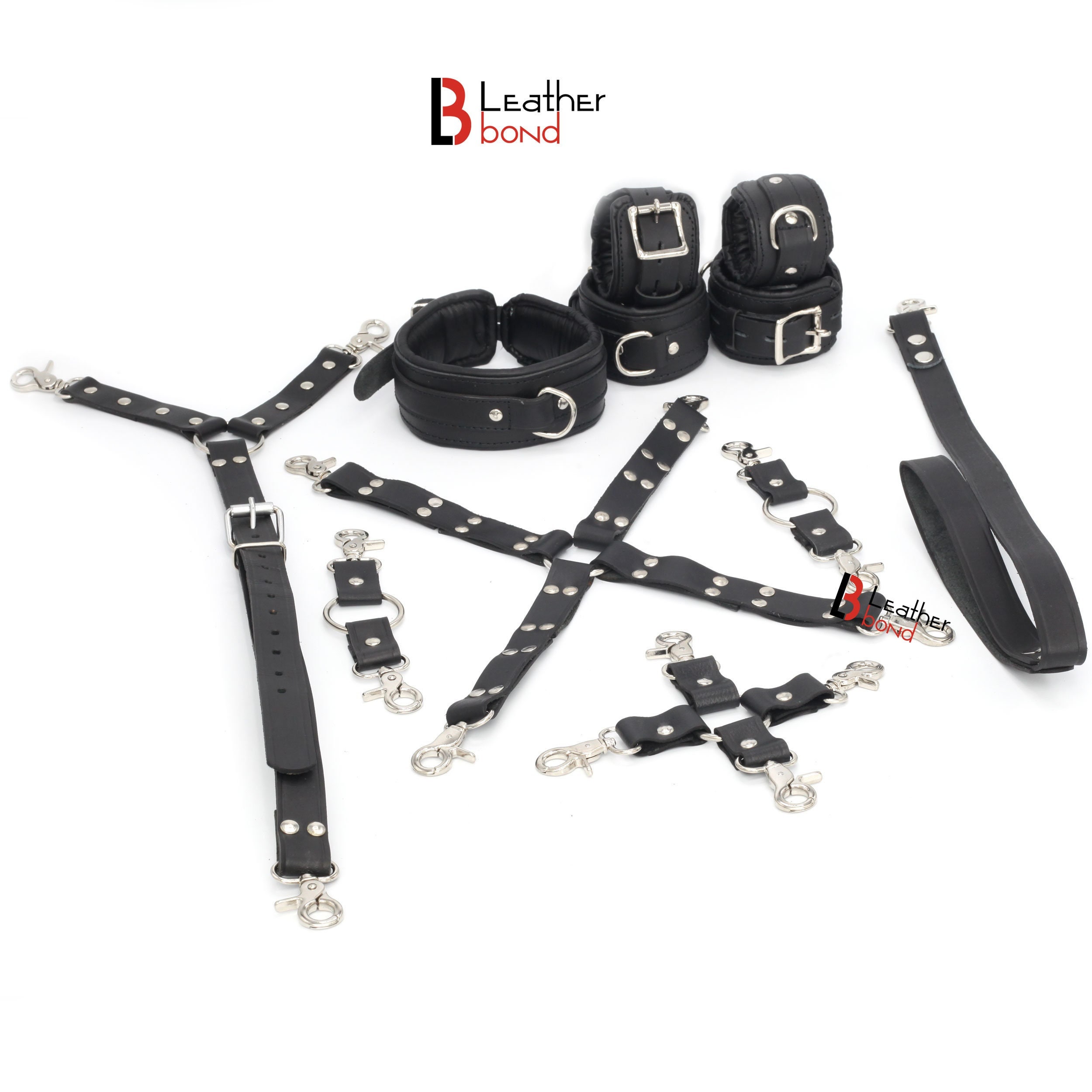 8 pcs BDSM Cowhide Leather Fetish Play Harness Restraints Set for Couples-  Wedding Gifts and Bondage Set Tools with Hog Tie Connector