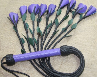 Real Genuine Cow Hide Leather Flogger 9 Braided Falls & Purple Roses Heavy Duty Cat O Nine Rose Flogger