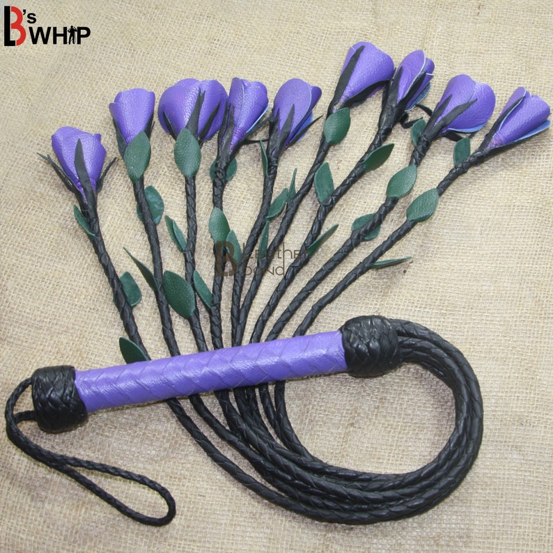 Real Genuine Cow Hide Leather Flogger 9 Braided Falls & Purple Roses Heavy Duty Cat O Nine Rose Flogger 