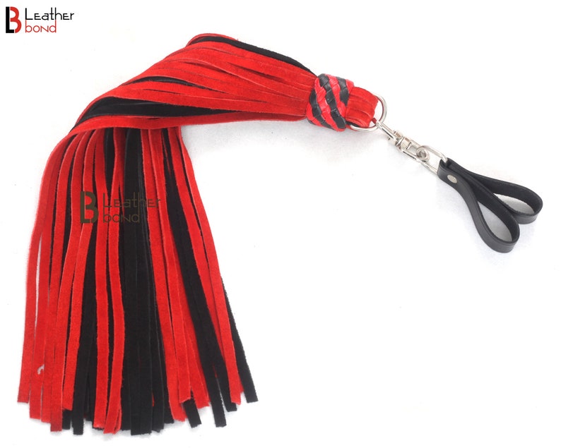 Real Genuine Cowhide Suede Leather Finger Flogger 50 Falls Red & Black Heavy Duty Thuddy Flog whip 