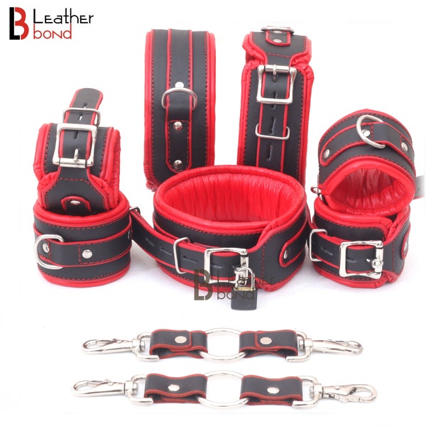 Real Cow Leather Wrist, Ankle Thigh Cuffs Collar Restraint Bondage Set Red Black 8 Piece Padded Cuffs