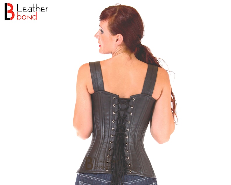 Genuine Real Sheep Leather & Stainless Steel Spiral Bones Over Bust Corset Black image 2