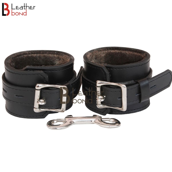 Real Cowhide Leather Wrist Cuffs Set Restraint Bondage Set with Connector Black 2 Piece Fur Lining