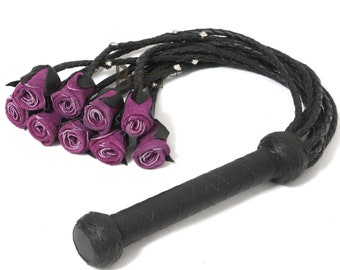 Real Genuine Cow Hide Leather Flogger 9 Braided Falls Heavy Purple Roses & Steel Studs Cat-o-nine Tails