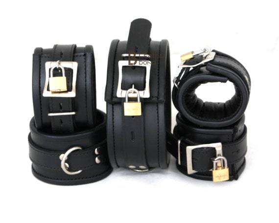  Real Cow Leather Wrist & Ankle Cuffs Set Black 4 Piece