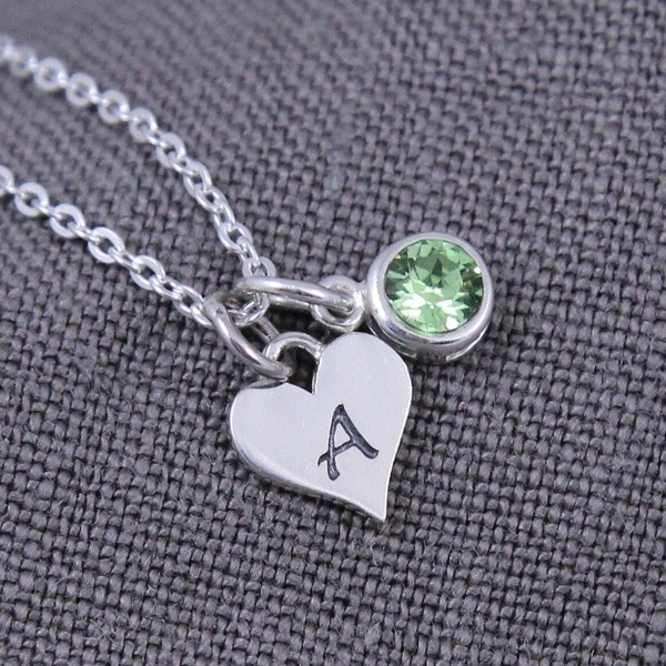 Personalized Initial Necklace for Mom, Birthstone, August Peridot Jewelry, Sterling Silver Heart, Custom Birthstone Necklace, Gift for Her