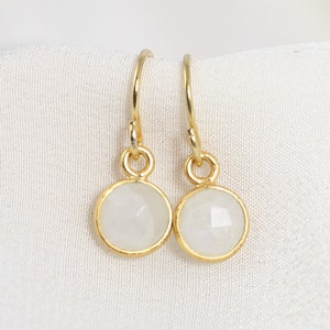 Birthstone Jewelry, Dainty Earrings, Gift For Tween, Natural Gemstone Drops, Round, Gold Tiny Dangle Earrings, White, Opaque, Birthday Gift
