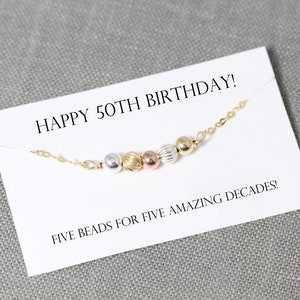 50th Birthday Gift for Women, 5 Beads for 5 Decades, Dainty Gold Jewelry, Mixed Metal Necklace, Sterling Silver, Rose Gold Necklace for Her
