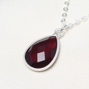 Sterling Silver Garnet Necklace, January Birthday Gift for Her, Custom Birthstone Jewelry for Women, Red Garnet Teardrop Pendant Necklace