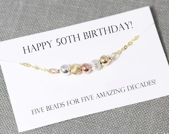 50th Birthday Gift for Her, 5 Beads for 5 Decades, Milestone Birthday Necklace, 50th Birthday Present for Women, Sterling Silver, 14kt Gold