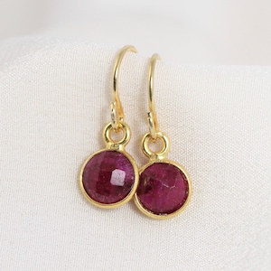 May include: A pair of gold earrings with small, round, red gemstones.