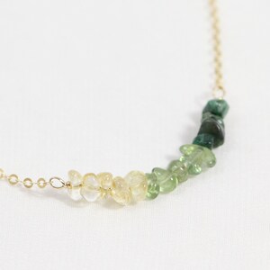 May include: A gold chain necklace with a graduated row of light yellow, green, and dark green gemstone chips.