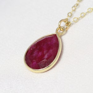 Gold Ruby Necklace, Raw Gemstone Teardrop Pendant, July Birthstone Jewelry, Natural Stone Layering Necklace, Genuine Ruby, Gift for Her