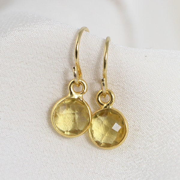 November Birthstone Earrings, Genuine, Natural Gemstone Jewelry, Gold Citrine Earrings, Drops, Dangles, Petite, Tiny Round Gems, Pale Yellow