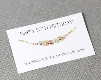 50th Birthday Gift for Mom, Bracelet in Mixed Metal, 5 Beads for 5 Decades, Keepsake Jewelry Gift for Best Friend, Sister, Rose Gold Fill