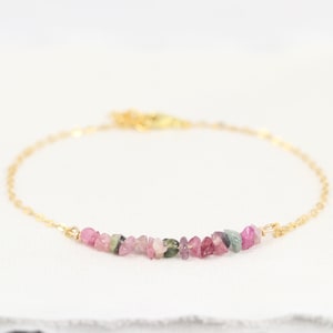 Raw Watermelon Tourmaline Bracelet, October Birthstone Jewelry, Gold, Sterling Silver or Rose Gold, Pink Green, Variagated, Multicolored
