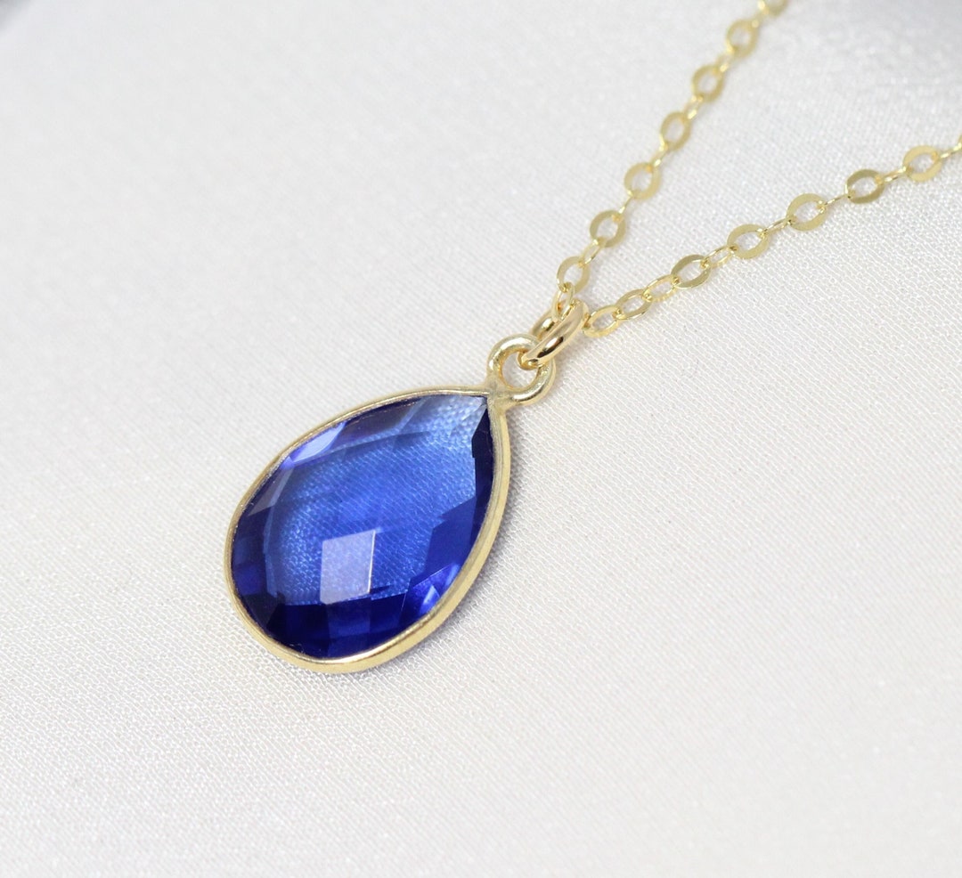 Gold Sapphire Jewelry, Dark Blue Gemstone Necklace, Teardrop Pendant ...