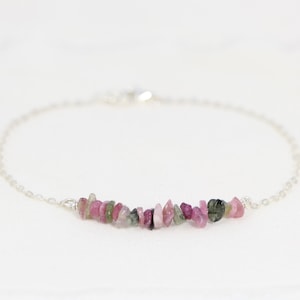 Watermelon Tourmaline Bracelet in Sterling Silver, Custom Birthstone Jewelry, Raw Gemstone Bracelet, Pink Green, Multicolored, Rose Gold