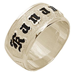 Personalized 14K Yellow Gold Hawaiian Heirloom Ring Raise Letter Black Enamel Smooth Edge(Light Weight)