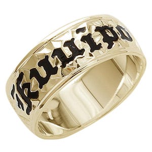 Personalized 14K Yellow Gold Hawaiian Heirloom Ring Black Enamel Letter Smooth Edge 6mm/8mm/10mm(Light Weight)