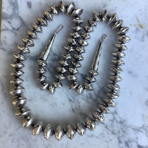 Vintage Navajo Pearls Necklace. Graduated, Half Stamped and Half Plain Sterling Silver Bench Beads, Cones and Clasp.