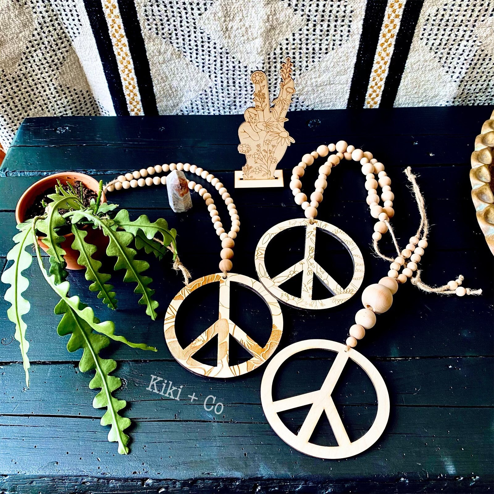 Hanging Wood Peace Sign, Beaded Peace Sign, Wood Peace Sign Wall